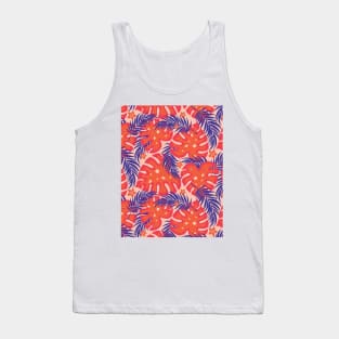 Orange Blue Tropical Pattern with Palm Tree Leaves and Monstera Leaves Tank Top